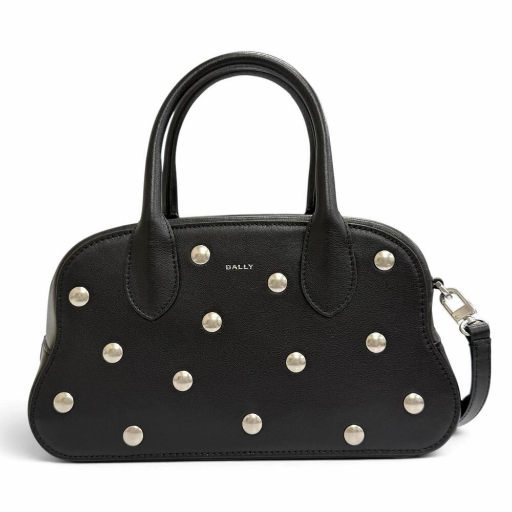 BALLY Unda Satchel Leather Polka Dot 2-Way Handbag/Shoulder Bag, Black with S...